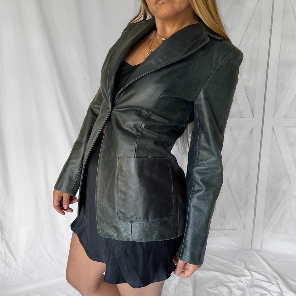 Women’s Vintage leather jacket blazer in midnight blue green